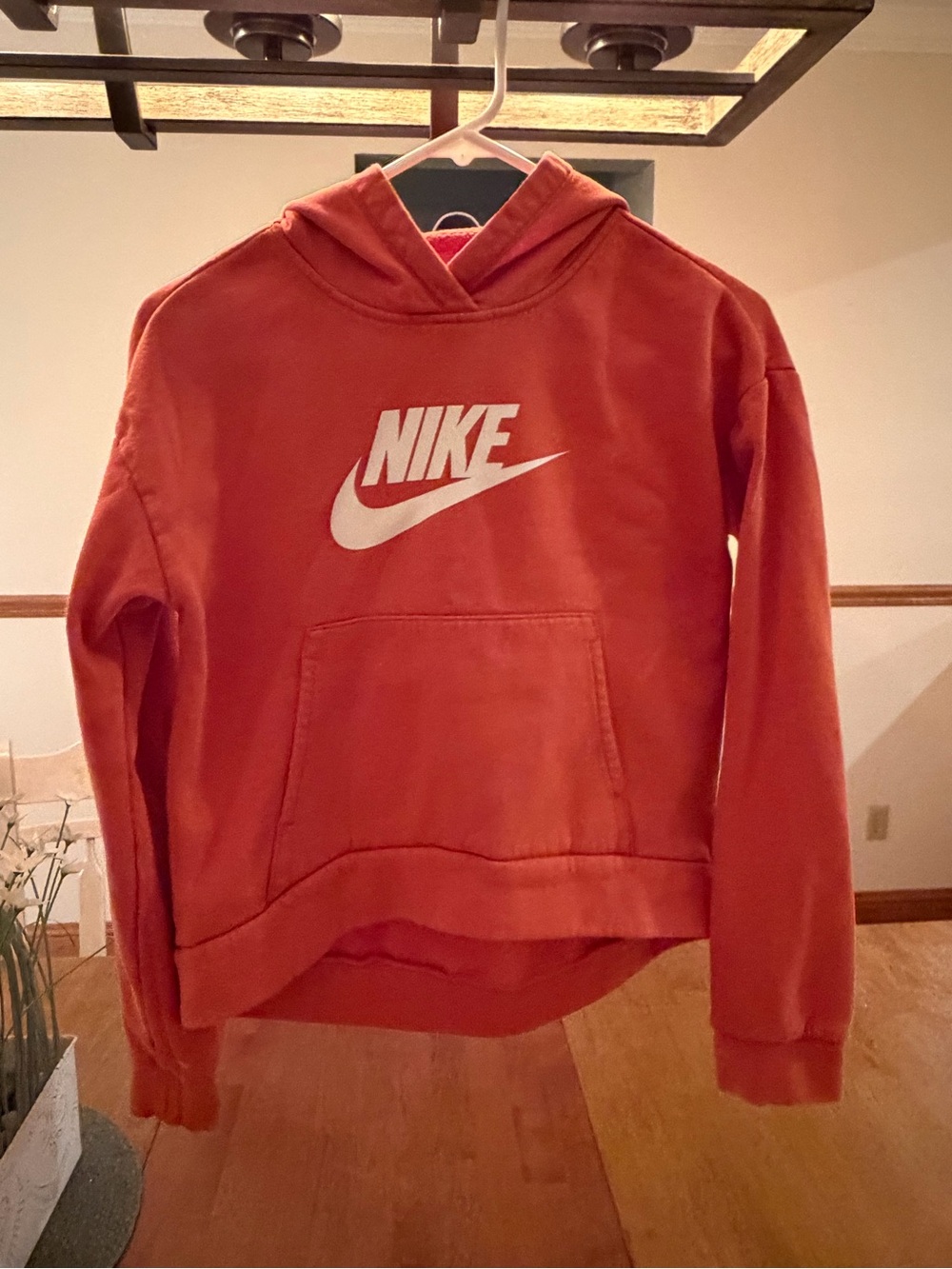 Nike Youth XL Coral Orange Fleece Pullover Hoodie White Swoosh